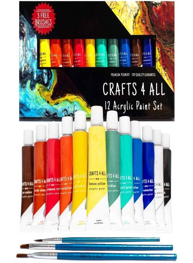 Crafts 4 ALL Acrylic Paint Set for Kids and Adults - 12 Pack of 12 mL Craft Paint Colors for Wood, Canvas, Fabric and Ceramics w/ 3 Different Sized Brushes - Art Supplies, Multi - Image 1